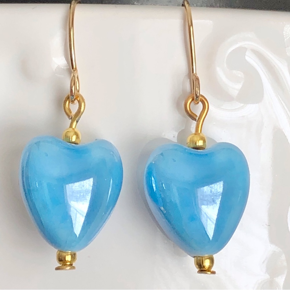 New Ceramic Heart Dangling Handmade Earrings Shiny Peacock Bright Pastel Blue